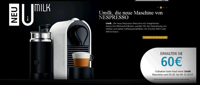 Nespresso: 60 Euro Club-Guthaben beim Kauf einer Nespresso Umilk Maschine